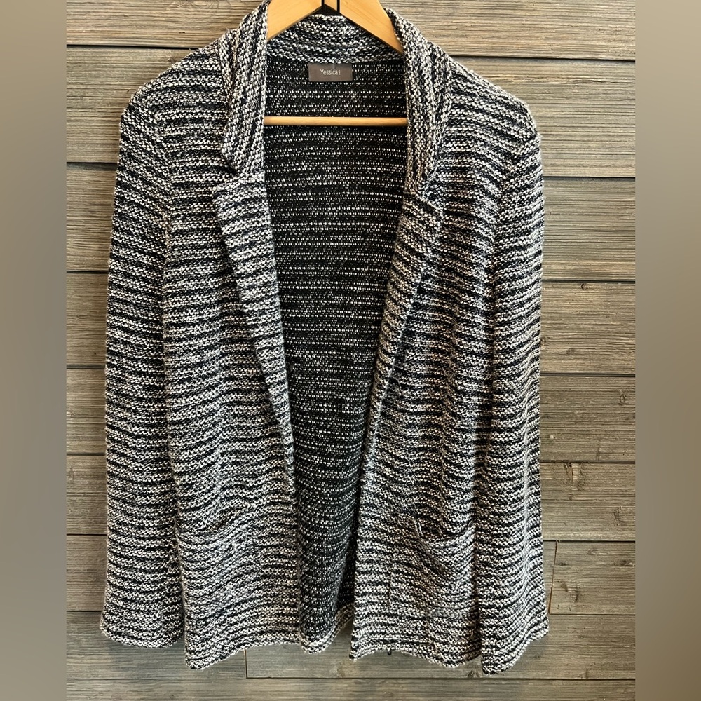Yessica Navy Blue & White Marled Open-Front Cardigan